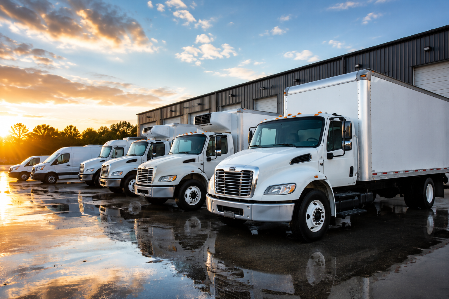 Clean commercial fleet trucks parked outside a facility